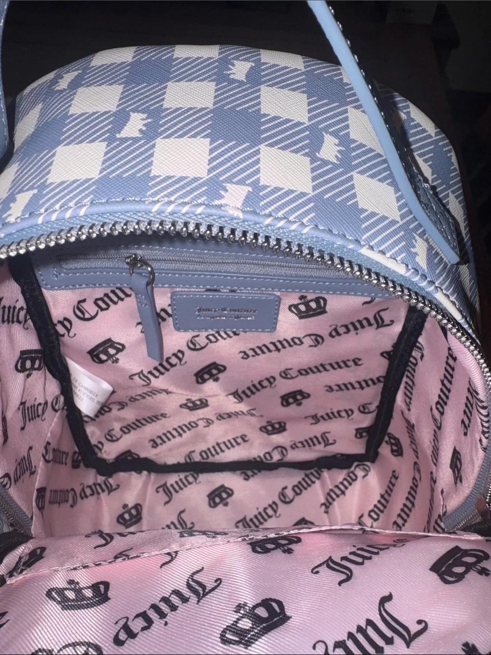 Juicy Couture Light Blue Gingham Mini Backpack with White Plush Bear Charm